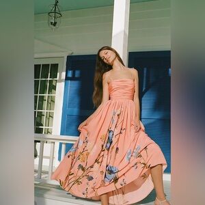 Anthropologie Ruched-bodice Floral Midi Dress In Orange SMALL